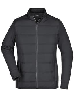A black hybrid sweat jacket featuring a zip front, standing collar, and side pockets. It has a logo on the chest.