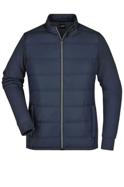 A navy blue ladies hybrid sweat jacket featuring a zip front and side pockets, with a logo on the chest.