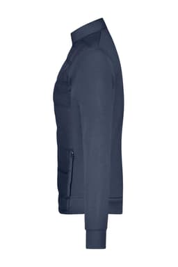 A navy blue hybrid sweat jacket featuring a zippered pocket and a sleek, modern design. It has a logo on it.