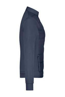 A navy hybrid sweat jacket featuring a zippered front, pockets, and a fitted design. It has a branding logo.