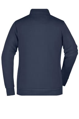 A navy ladies hybrid sweat jacket with a collar and a logo on the back, featuring a simple design.