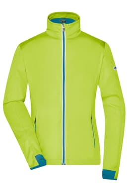 A bright lime green softshell jacket with a high collar and contrasting blue zipper. It features a logo on the sleeve.