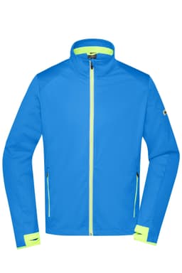 A men's sports softshell jacket in bright blue with neon yellow accents and zippered pockets, featuring a logo.