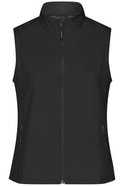 A black ladies' softshell vest featuring a zip-up front and side pockets, with a branding logo on it.