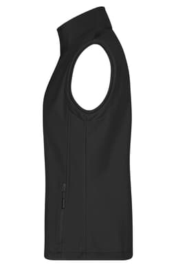 A black ladies' softshell vest with a sleeveless design and a zip pocket on the side.