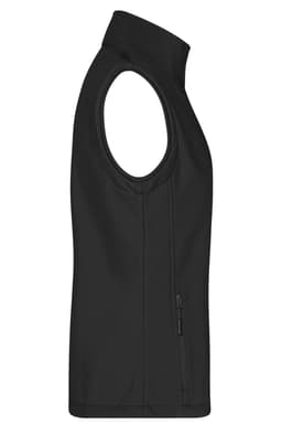 A black ladies softshell vest featuring a sleeveless design and a side zip pocket, with a branding logo.