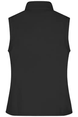 A black ladies softshell vest with a collared neck and no sleeves, featuring a logo.