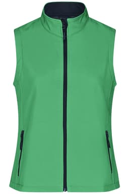 A vibrant green ladies softshell vest with a high collar and zippered pockets, featuring a logo on it.