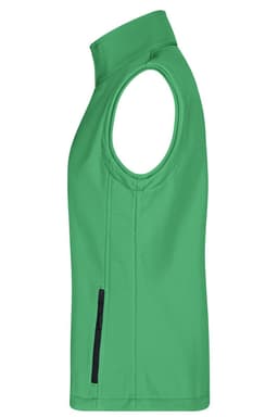 A green softshell vest for women with a high collar and zippered pocket on the side, featuring branding.
