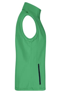 A green softshell vest with no sleeves and a side zip pocket, featuring a simple design and branding.
