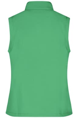 A women's softshell vest in green, featuring a collared neckline and no sleeves. It has a logo on the back.