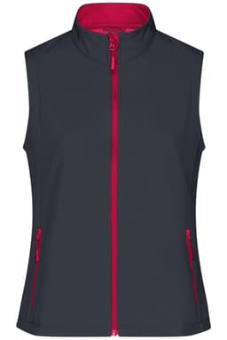A softshell vest in dark grey with pink accents and a front zip closure, featuring zippered pockets and a collar.