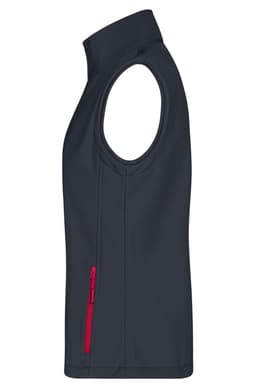 A dark grey softshell vest with a red zip pocket, featuring a sleeveless design and a high collar.