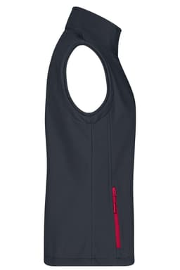 A dark grey softshell vest with a red zippered pocket, featuring no sleeves and a high collar.