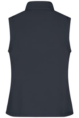 A dark grey ladies softshell vest featuring a high collar and no sleeves. Includes a logo on the back.