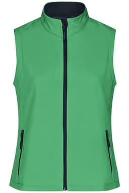 A green softshell vest with a zip front, high collar, and two side pockets, featuring a logo.