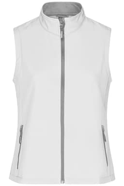 A softshell vest in white with grey accents and zippered pockets, featuring a stand-up collar and no sleeves.