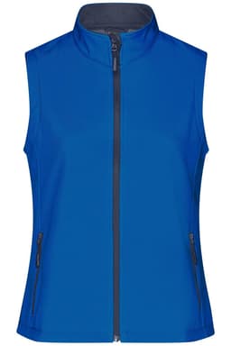 A blue ladies softshell vest with a zip front and side pockets, featuring a logo on the chest.