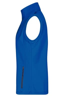 A blue ladies softshell vest with a sleeveless design and a zippered pocket on the side.