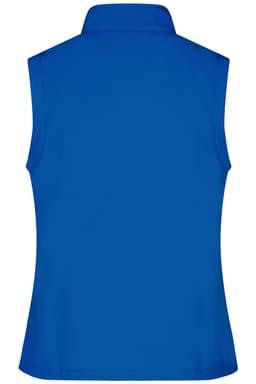 A sleeveless softshell vest in bright blue with a collar and a logo on the back.
