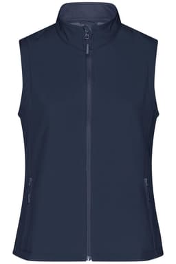 A navy blue ladies softshell vest with a front zip and zippered pockets, featuring a small logo on the design.