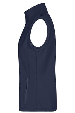 A navy softshell vest with no sleeves and a zip pocket on the side, featuring a logo.