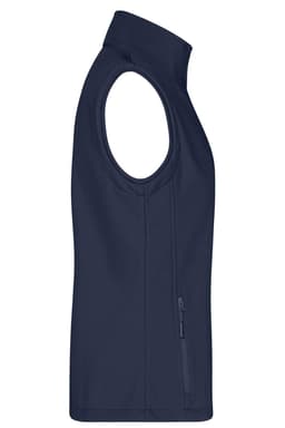 A navy blue women's softshell vest with a zippered side pocket and sleeveless design, featuring a logo.