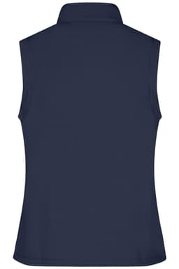 A navy softshell vest with a collar and no sleeves, featuring a logo. Simple and versatile design.