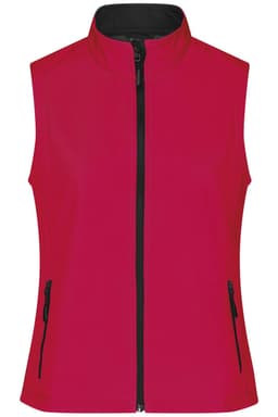 A softshell vest in bright red with a zip front and black accents, featuring two zippered side pockets.