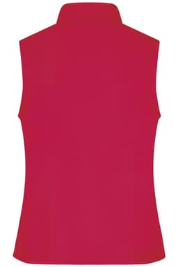 A red ladies softshell vest featuring a collar and no sleeves, with a branding logo on the back.