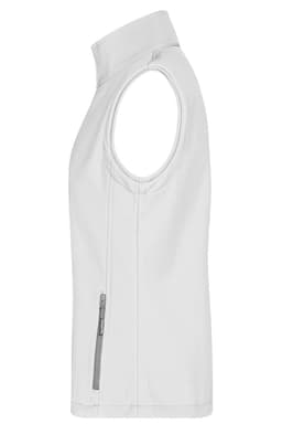 A white softshell vest with a high collar and an external zip pocket on the side, featuring a logo.