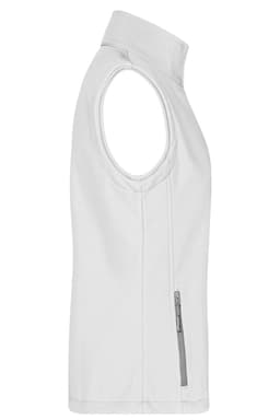 A white ladies softshell vest featuring a high collar and a zippered pocket. It has a logo on the design.