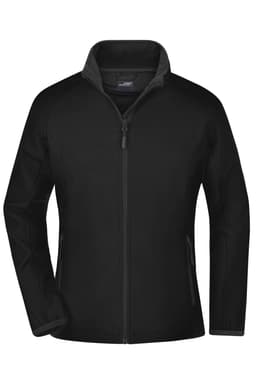 A black softshell jacket with a zip and two side pockets, featuring a grey collar and a logo.
