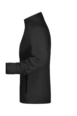 A softshell jacket in black, featuring a sleek design and a side profile view. It includes a logo.
