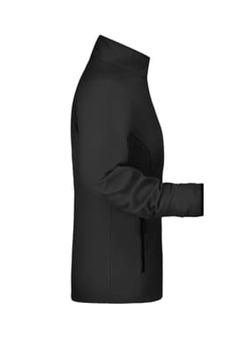 A black ladies softshell jacket featuring a high collar and zippered pockets, with an emblemed logo.