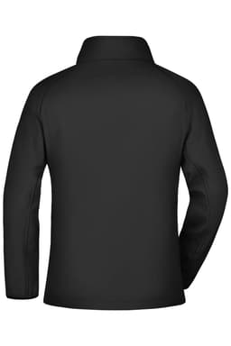 A black ladies softshell jacket featuring a collar and long sleeves, with a logo on the back.