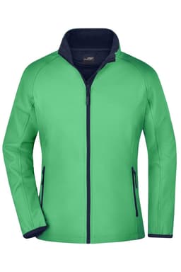 A green softshell jacket with a navy collar and zippers, featuring side pockets and a logo.