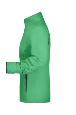 A green ladies softshell jacket with a high collar and a side zip pocket, featuring a logo.