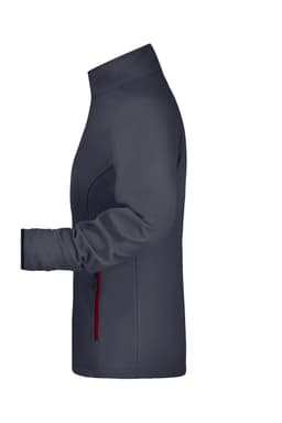 A softshell jacket in navy with red accents, featuring a stand-up collar and zippered side pockets.