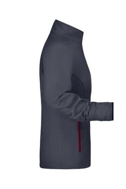 A dark grey softshell jacket with a high collar and side pockets. Includes a logo detail.
