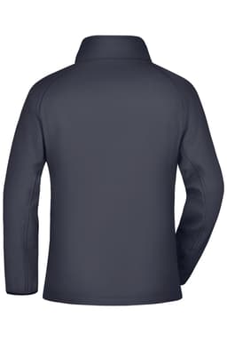 A grey ladies' softshell jacket featuring a high collar and a logo on the back.