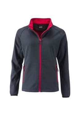 A softshell jacket in navy with pink accents, featuring a zip front and side pockets, and a logo.