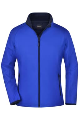 A blue softshell jacket with a zip front, two side pockets, and a collar. It features a logo on the chest.