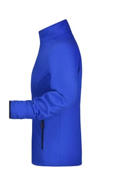 A blue ladies softshell jacket with a high collar and zippered side pockets, featuring a branding logo.