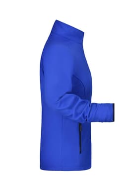 A blue softshell jacket with a zippered pocket and a high neck design, featuring branding.