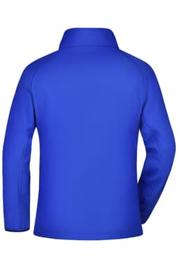 A softshell jacket in a vibrant blue colour, featuring a collar and long sleeves. The jacket has a branding logo.