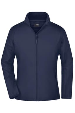 A navy softshell jacket with a full zip and zippered pockets. It features a collar and has a logo on it.