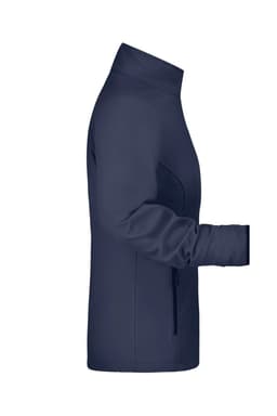 A navy softshell jacket for ladies, featuring a high collar and zippered pockets, with a logo on the side.