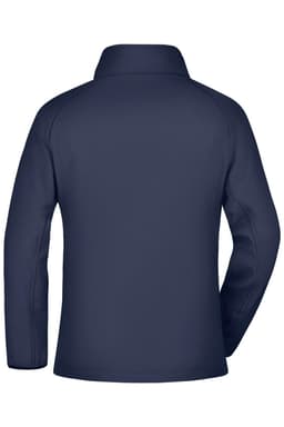A navy ladies softshell jacket with a collar and long sleeves, featuring a back view. It has a logo.