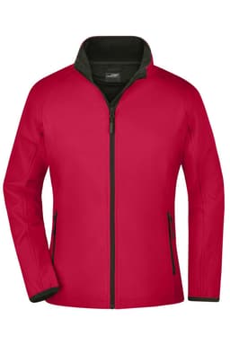 A red ladies softshell jacket with black accents and a zippered front. It features side pockets and a collar.